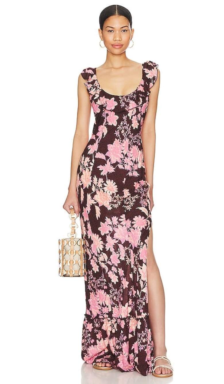 Free People Remind Me Maxi Slip Dress Dark Chocolate Combo Size M NWT
